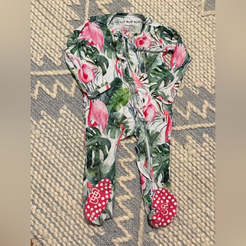 Little Bum Bum flamingo bamboo Baby footy front zip ruffle but